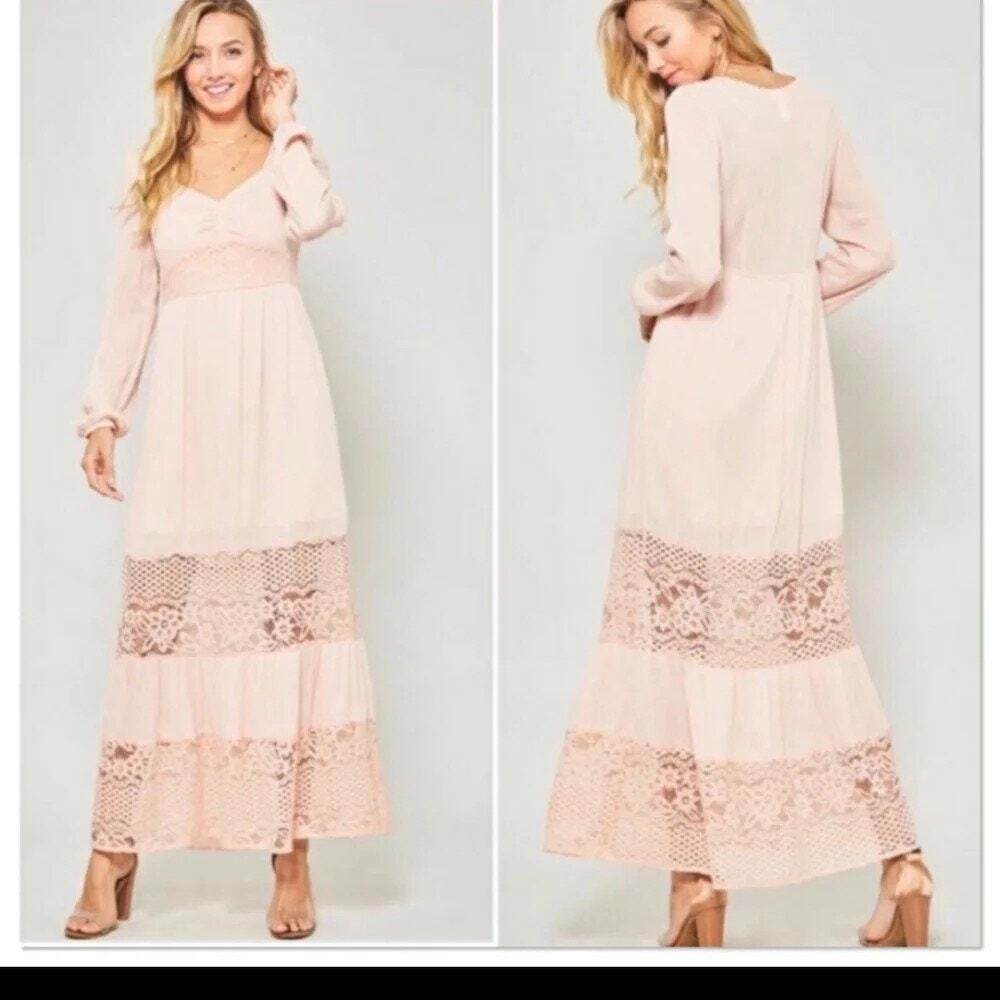 Promesa Sweetheart Long Sleeve Blush Pink Lace Maxi Dress MED Cottage Boho NWT